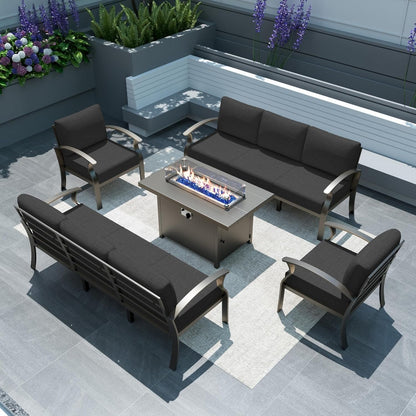 Ensemble de meubles de jardin en aluminium avec foyer, poufs, chaises pivotantes et canapé sectionnel avec coussins épais pour véranda et jardin