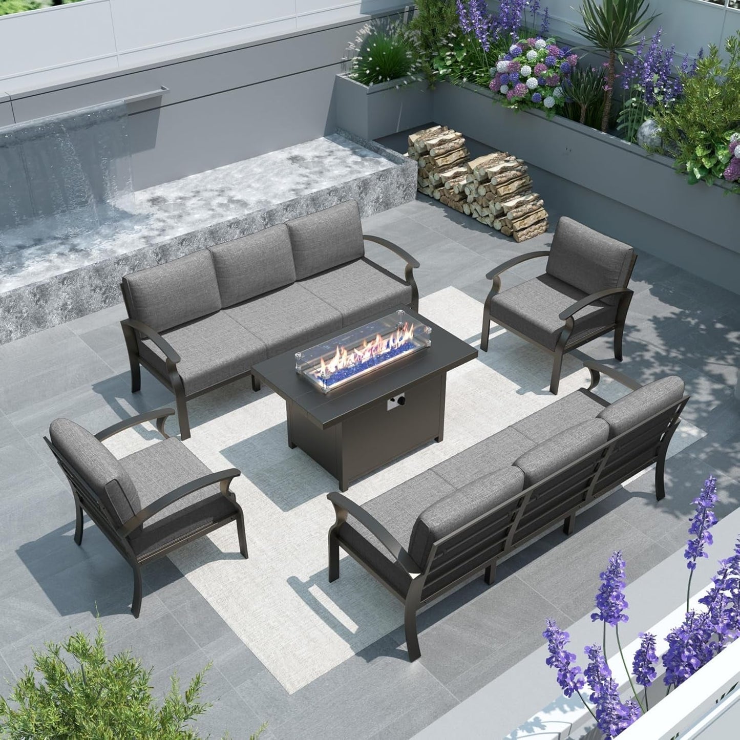 Ensemble de meubles de jardin en aluminium avec foyer, poufs, chaises pivotantes et canapé sectionnel avec coussins épais pour véranda et jardin