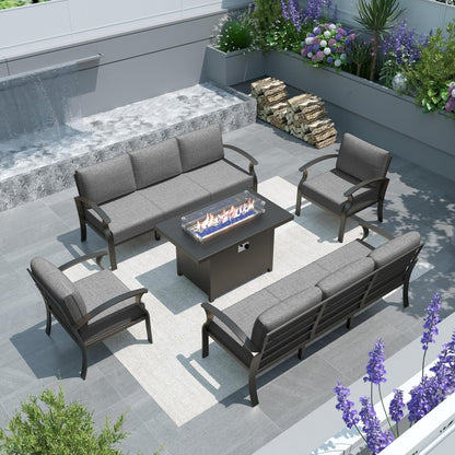 Ensemble de meubles de jardin en aluminium avec foyer, poufs, chaises pivotantes et canapé sectionnel avec coussins épais pour véranda et jardin