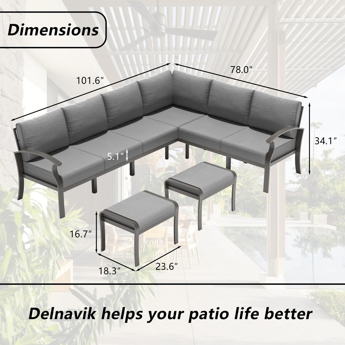 Ensemble de meubles de jardin en aluminium avec foyer, poufs, chaises pivotantes et canapé sectionnel avec coussins épais pour véranda et jardin
