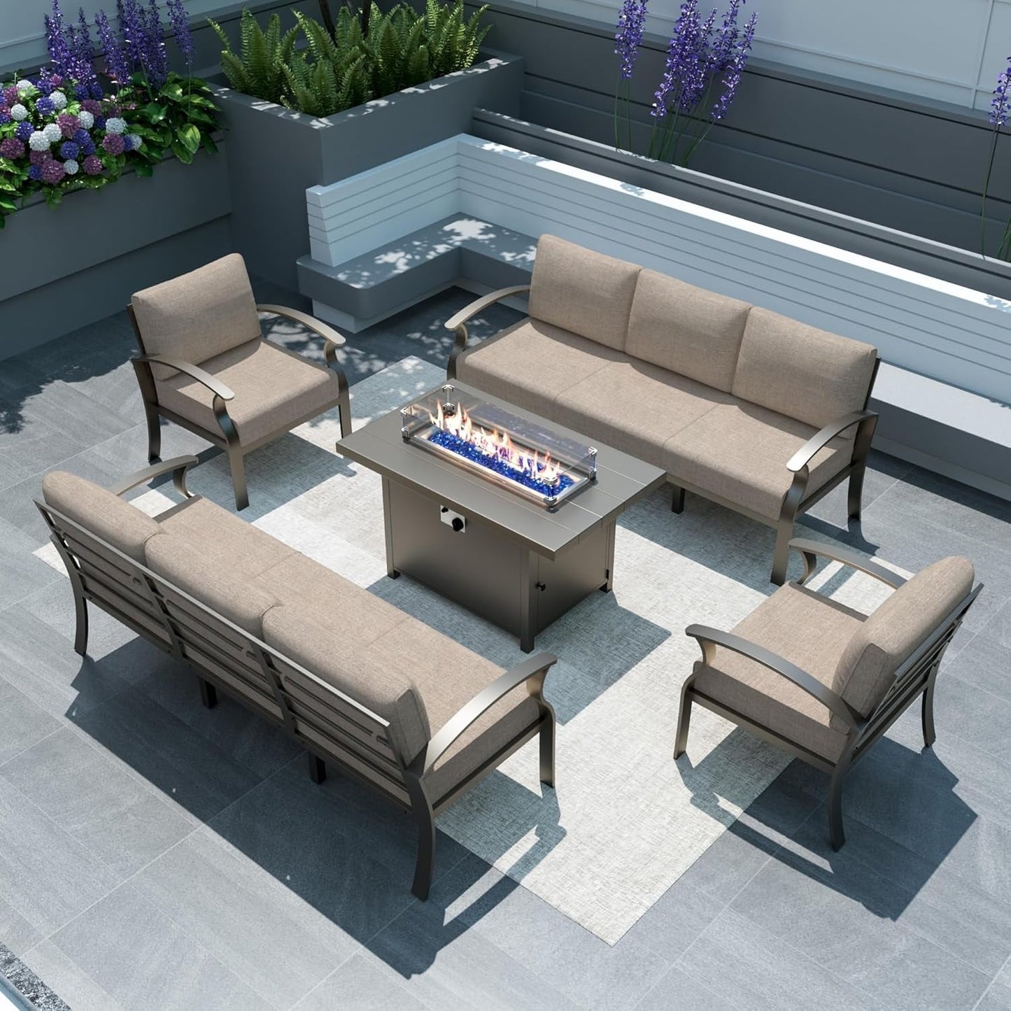 Ensemble de meubles de jardin en aluminium avec foyer, poufs, chaises pivotantes et canapé sectionnel avec coussins épais pour véranda et jardin