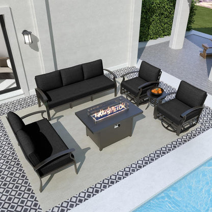 Ensemble de meubles de jardin en aluminium avec foyer, poufs, chaises pivotantes et canapé sectionnel avec coussins épais pour véranda et jardin