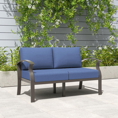 Ensemble de meubles de jardin en aluminium avec foyer, poufs, chaises pivotantes et canapé sectionnel avec coussins épais pour véranda et jardin