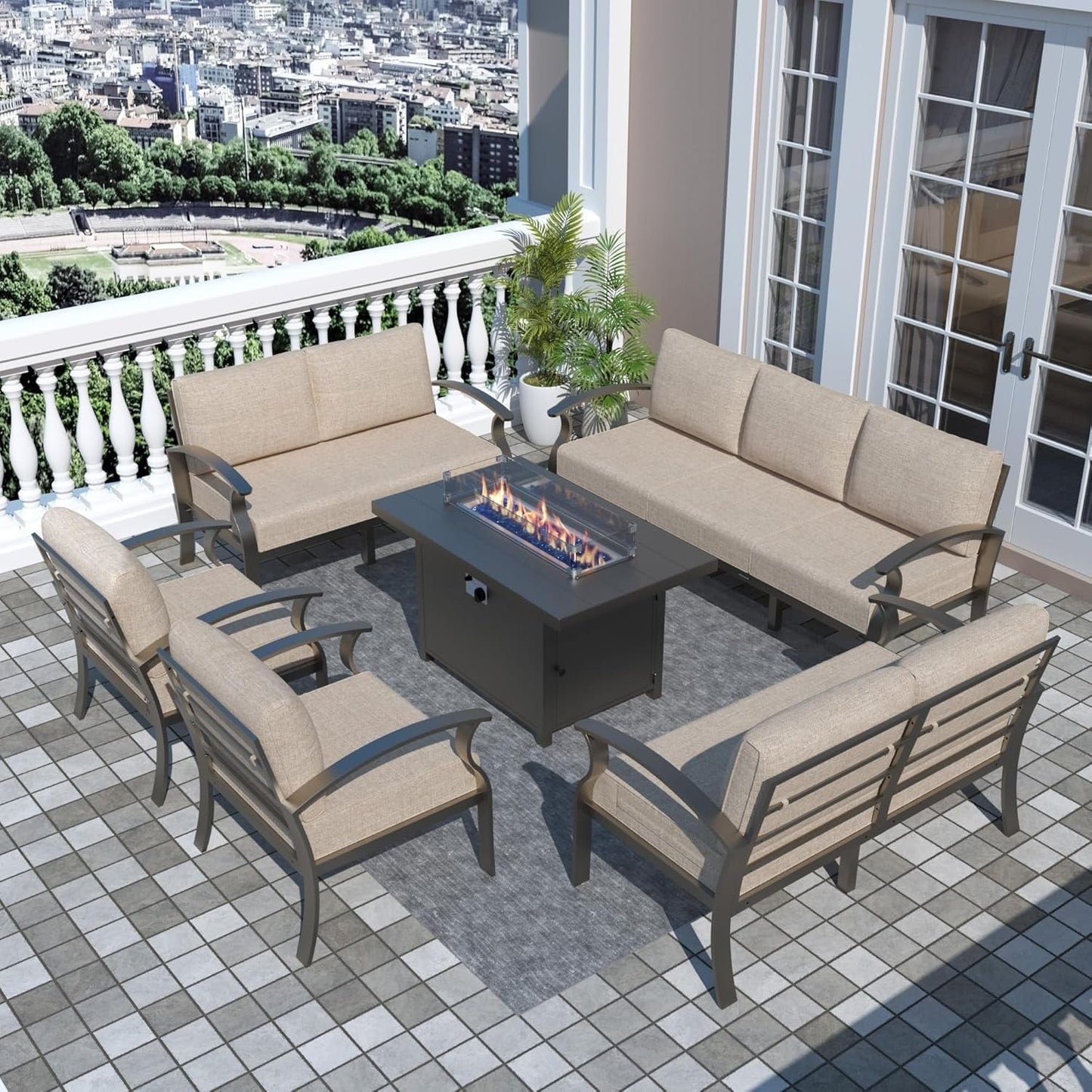 Ensemble de meubles de jardin en aluminium avec foyer, poufs, chaises pivotantes et canapé sectionnel avec coussins épais pour véranda et jardin