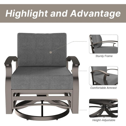 Ensemble de meubles de jardin en aluminium avec foyer, poufs, chaises pivotantes et canapé sectionnel avec coussins épais pour véranda et jardin