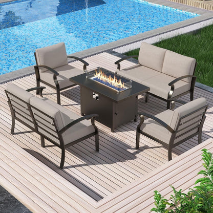 Ensemble de meubles de jardin en aluminium avec foyer, poufs, chaises pivotantes et canapé sectionnel avec coussins épais pour véranda et jardin