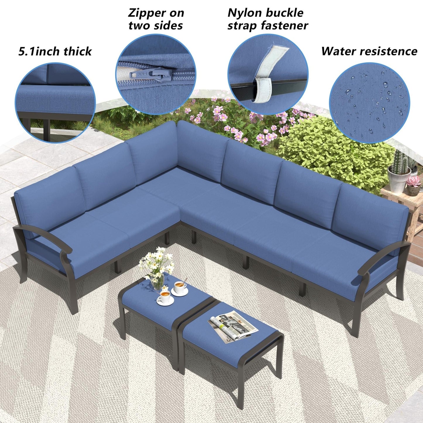Ensemble de meubles de jardin en aluminium avec foyer, poufs, chaises pivotantes et canapé sectionnel avec coussins épais pour véranda et jardin