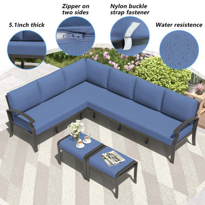 Ensemble de meubles de jardin en aluminium avec foyer, poufs, chaises pivotantes et canapé sectionnel avec coussins épais pour véranda et jardin