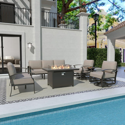 Ensemble de meubles de jardin en aluminium avec foyer, poufs, chaises pivotantes et canapé sectionnel avec coussins épais pour véranda et jardin