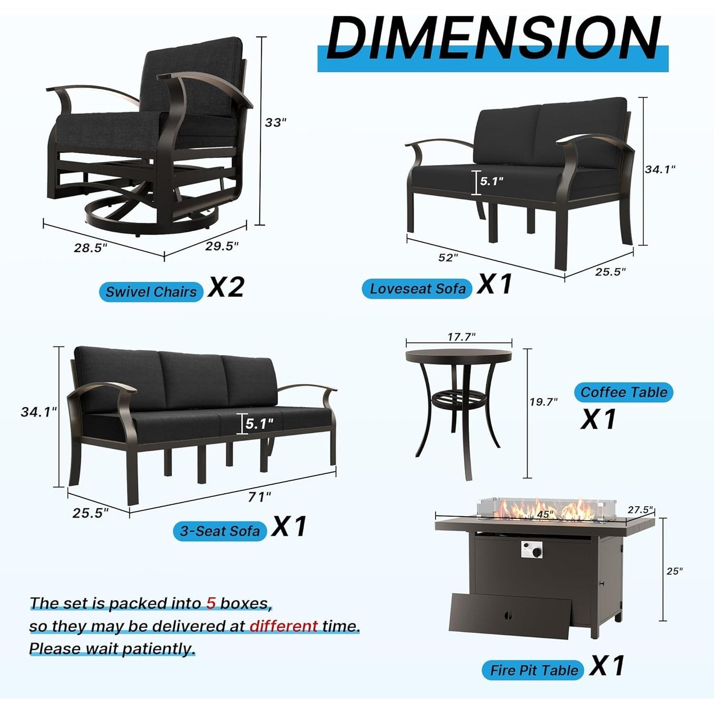 Ensemble de meubles de jardin en aluminium avec foyer, poufs, chaises pivotantes et canapé sectionnel avec coussins épais pour véranda et jardin