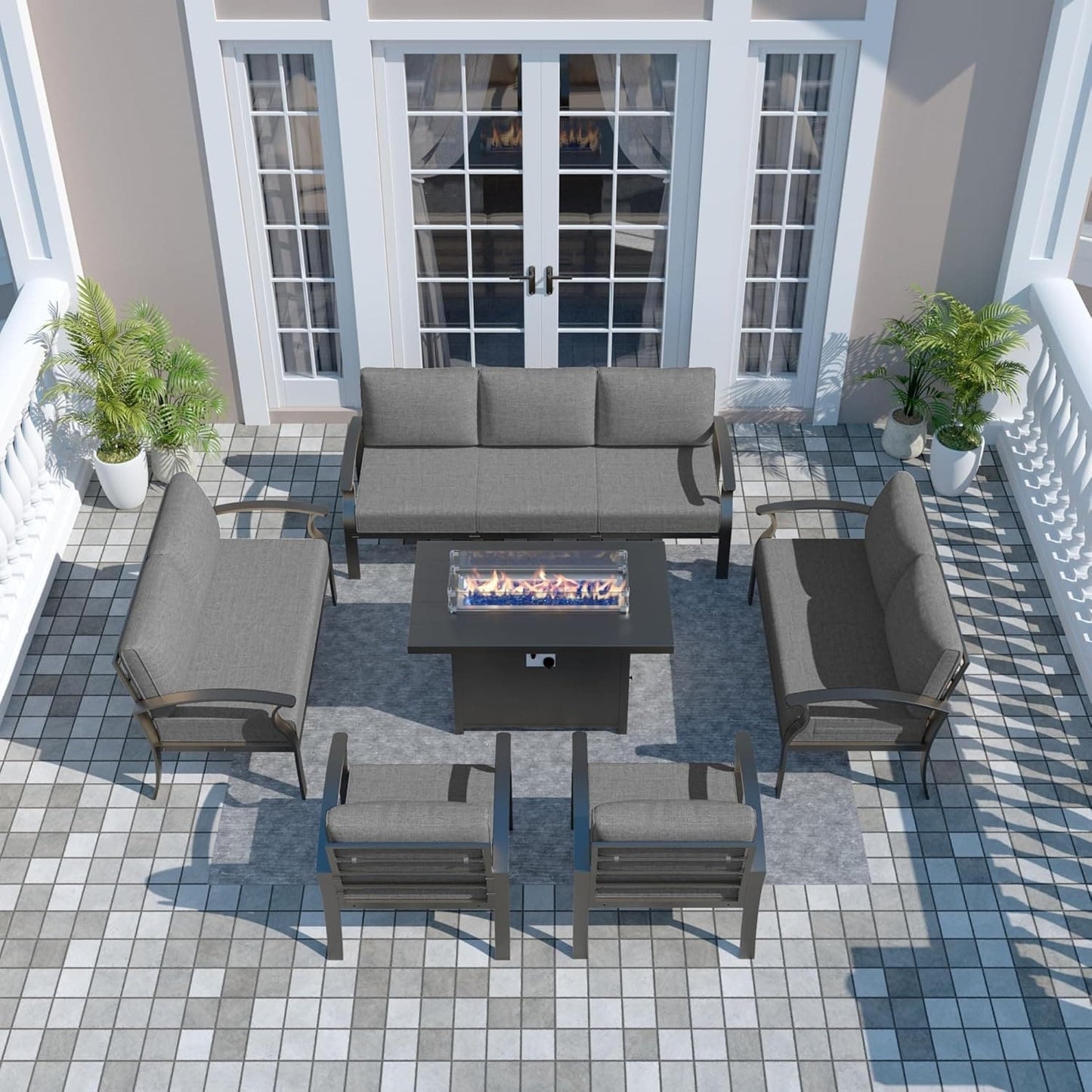 Ensemble de meubles de jardin en aluminium avec foyer, poufs, chaises pivotantes et canapé sectionnel avec coussins épais pour véranda et jardin