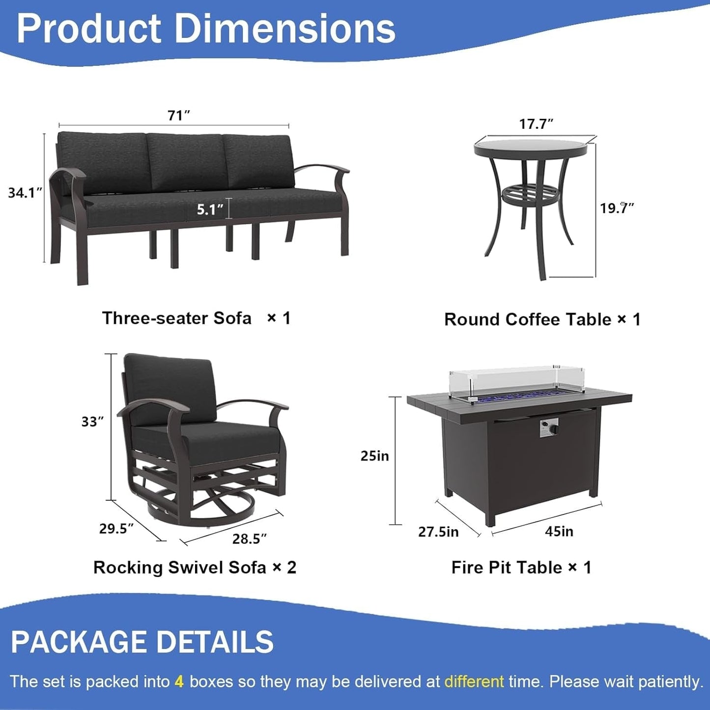 Ensemble de meubles de jardin en aluminium avec foyer, poufs, chaises pivotantes et canapé sectionnel avec coussins épais pour véranda et jardin
