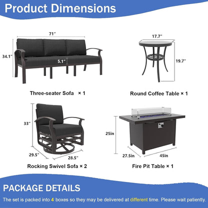 Ensemble de meubles de jardin en aluminium avec foyer, poufs, chaises pivotantes et canapé sectionnel avec coussins épais pour véranda et jardin