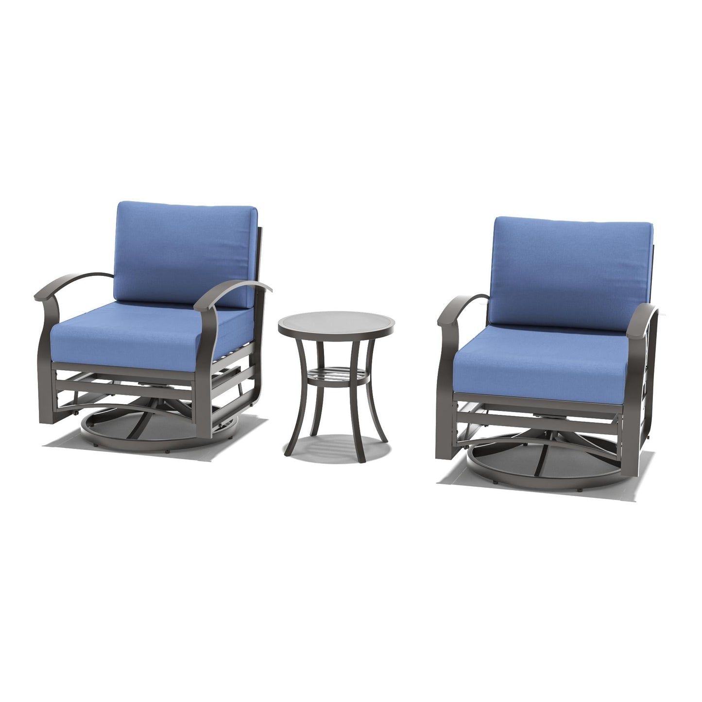 Ensemble de meubles de jardin en aluminium avec foyer, poufs, chaises pivotantes et canapé sectionnel avec coussins épais pour véranda et jardin