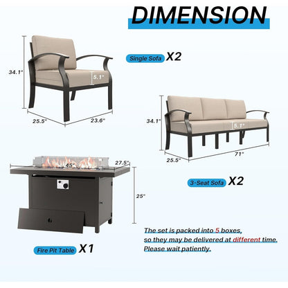Ensemble de meubles de jardin en aluminium avec foyer, poufs, chaises pivotantes et canapé sectionnel avec coussins épais pour véranda et jardin