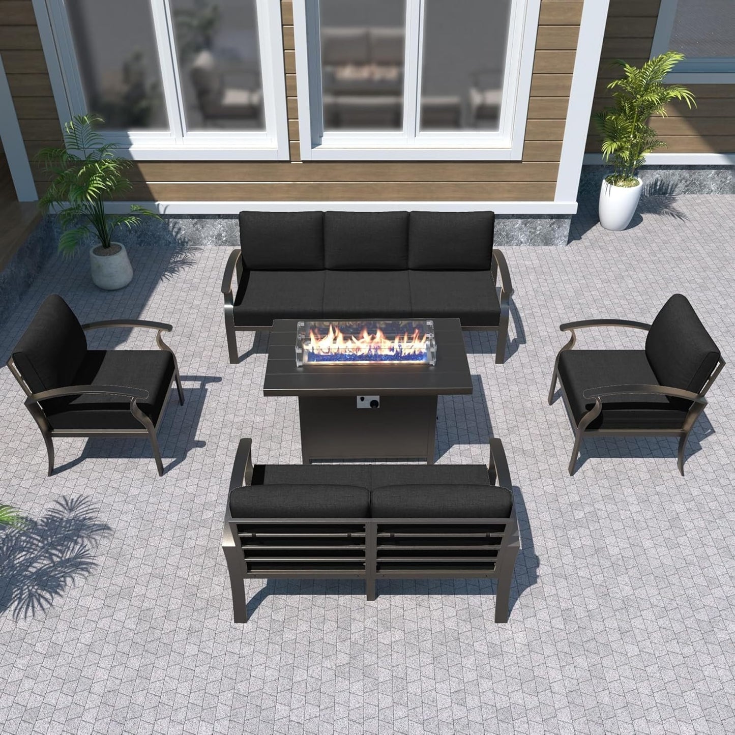 Ensemble de meubles de jardin en aluminium avec foyer, poufs, chaises pivotantes et canapé sectionnel avec coussins épais pour véranda et jardin