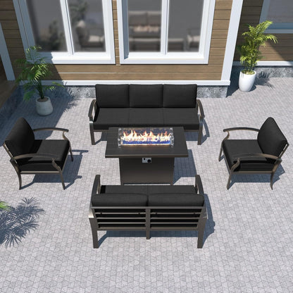 Ensemble de meubles de jardin en aluminium avec foyer, poufs, chaises pivotantes et canapé sectionnel avec coussins épais pour véranda et jardin