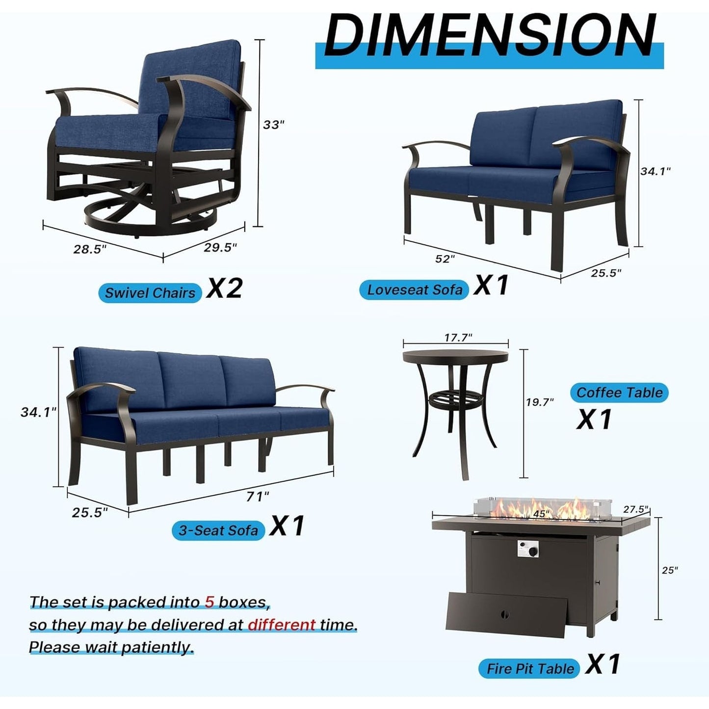 Ensemble de meubles de jardin en aluminium avec foyer, poufs, chaises pivotantes et canapé sectionnel avec coussins épais pour véranda et jardin