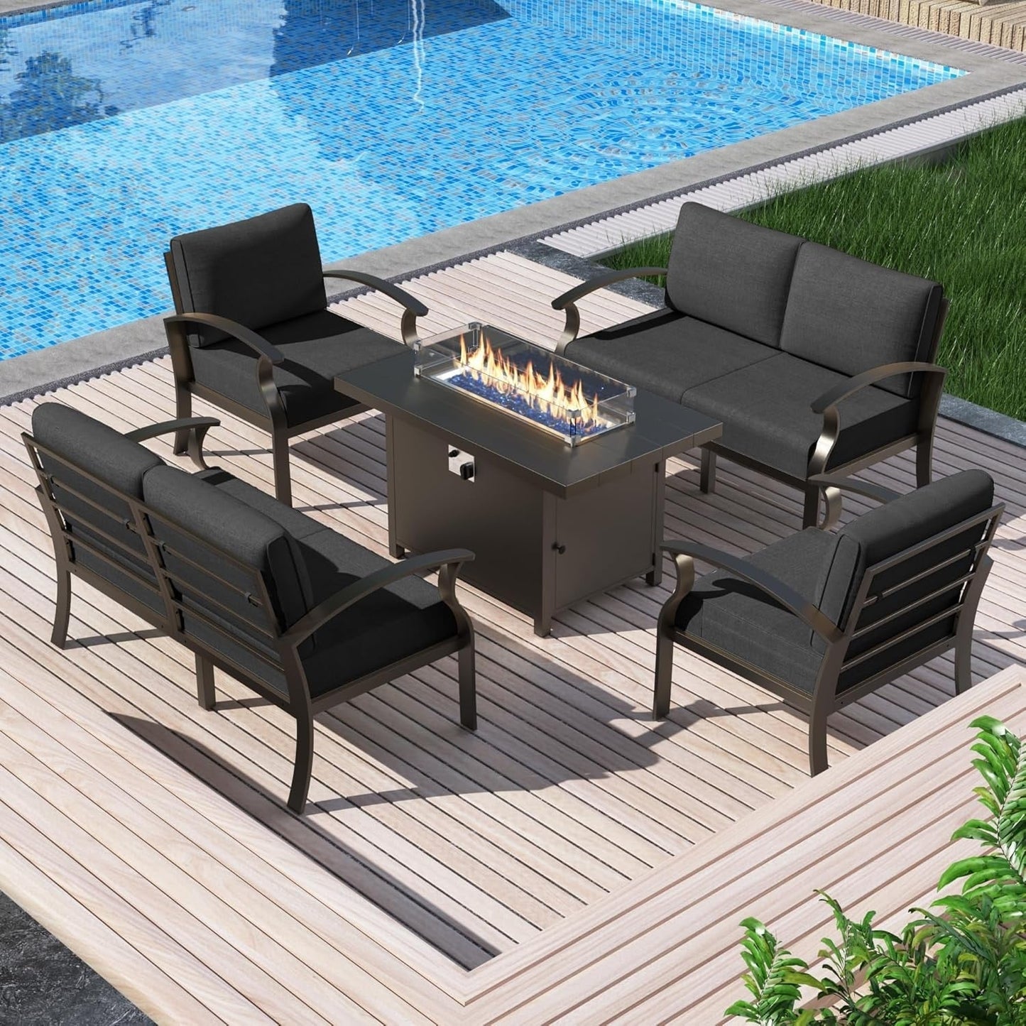 Ensemble de meubles de jardin en aluminium avec foyer, poufs, chaises pivotantes et canapé sectionnel avec coussins épais pour véranda et jardin