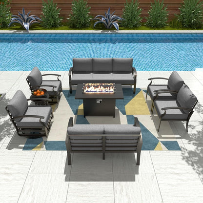 Ensemble de meubles de jardin en aluminium avec foyer, poufs, chaises pivotantes et canapé sectionnel avec coussins épais pour véranda et jardin