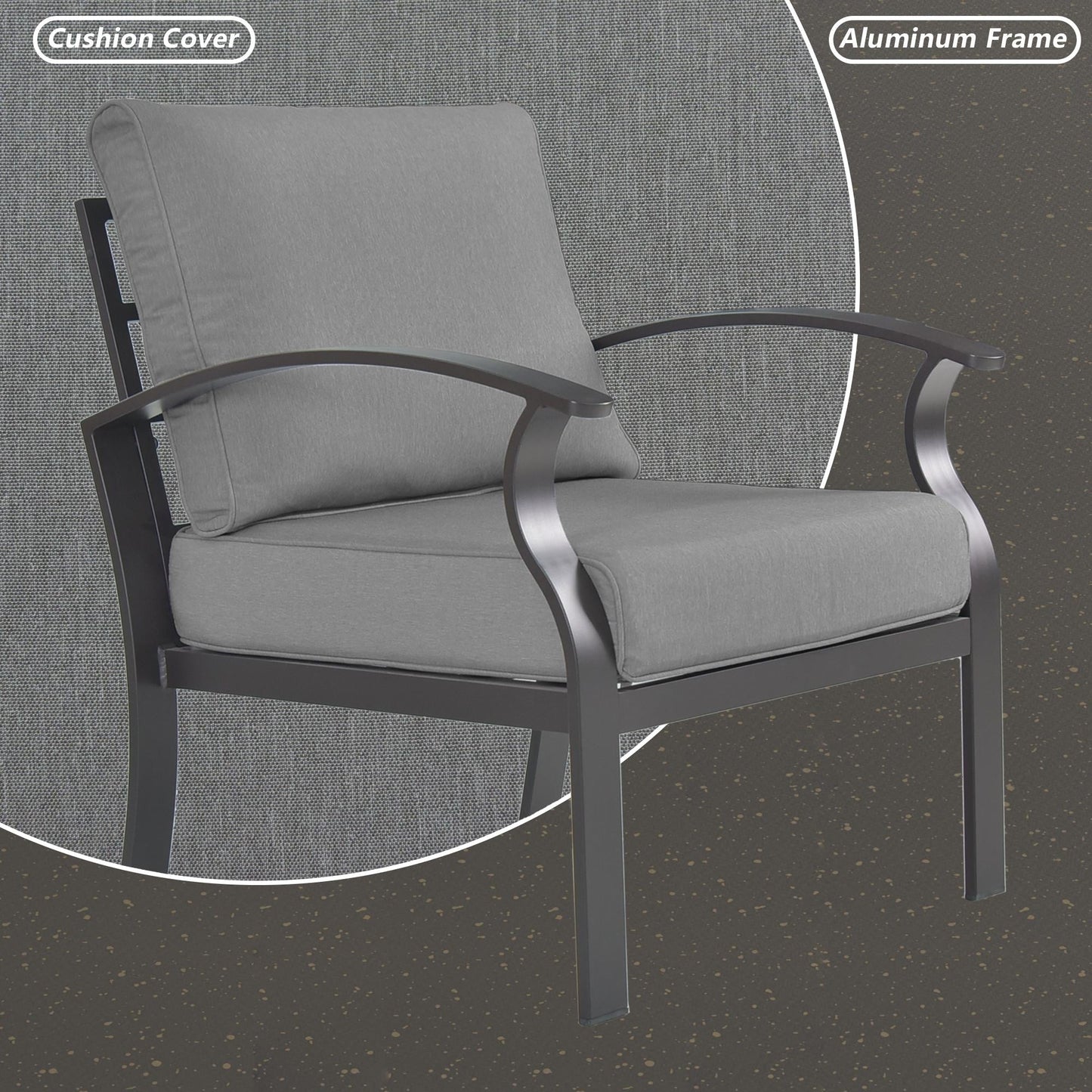 Ensemble de meubles de jardin en aluminium avec foyer, poufs, chaises pivotantes et canapé sectionnel avec coussins épais pour véranda et jardin