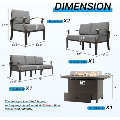 Ensemble de meubles de jardin en aluminium avec foyer, poufs, chaises pivotantes et canapé sectionnel avec coussins épais pour véranda et jardin