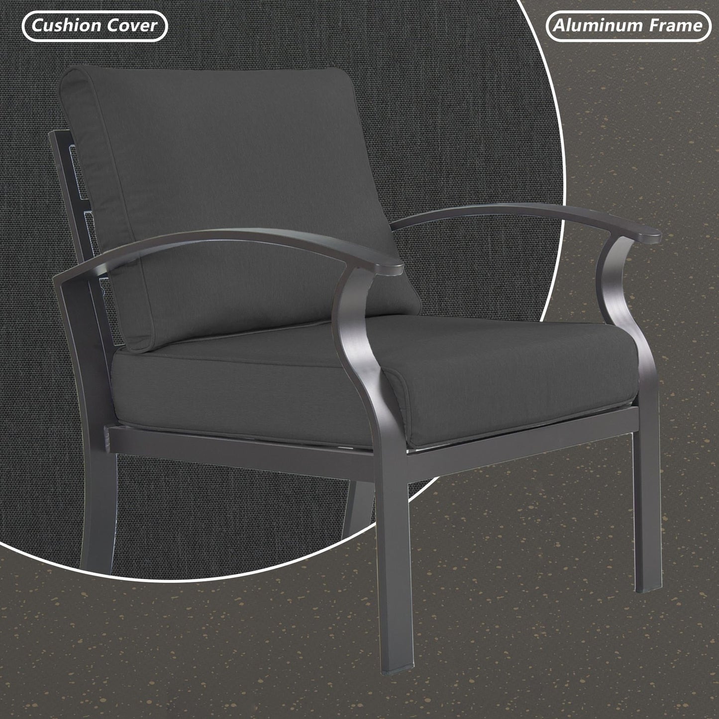 Ensemble de meubles de jardin en aluminium avec foyer, poufs, chaises pivotantes et canapé sectionnel avec coussins épais pour véranda et jardin