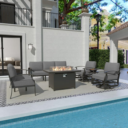 Ensemble de meubles de jardin en aluminium avec foyer, poufs, chaises pivotantes et canapé sectionnel avec coussins épais pour véranda et jardin