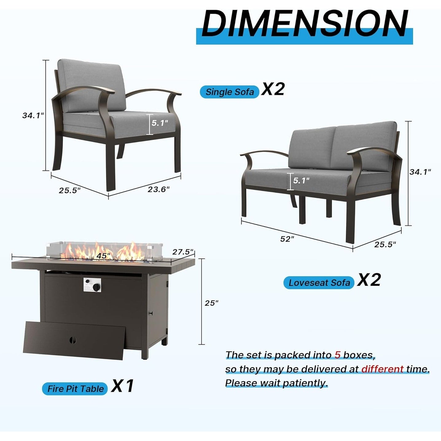 Ensemble de meubles de jardin en aluminium avec foyer, poufs, chaises pivotantes et canapé sectionnel avec coussins épais pour véranda et jardin
