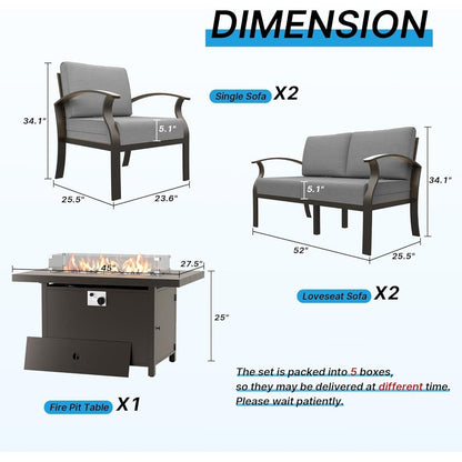 Ensemble de meubles de jardin en aluminium avec foyer, poufs, chaises pivotantes et canapé sectionnel avec coussins épais pour véranda et jardin