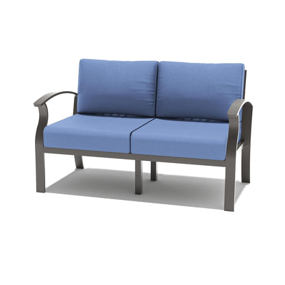 Ensemble de meubles de jardin en aluminium avec foyer, poufs, chaises pivotantes et canapé sectionnel avec coussins épais pour véranda et jardin