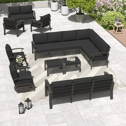 Ensemble de meubles de jardin en aluminium avec foyer, poufs, chaises pivotantes et canapé sectionnel avec coussins épais pour véranda et jardin