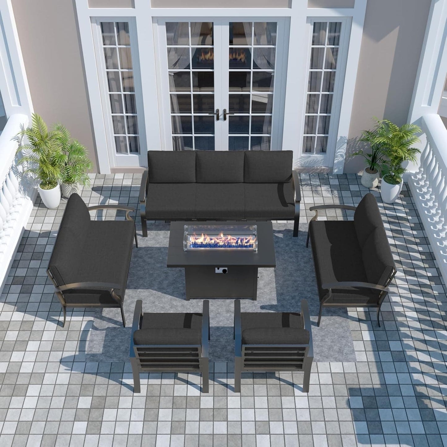 Ensemble de meubles de jardin en aluminium avec foyer, poufs, chaises pivotantes et canapé sectionnel avec coussins épais pour véranda et jardin