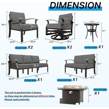 Ensemble de meubles de jardin en aluminium avec foyer, poufs, chaises pivotantes et canapé sectionnel avec coussins épais pour véranda et jardin