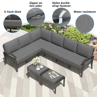 Ensemble de meubles de jardin en aluminium avec foyer, poufs, chaises pivotantes et canapé sectionnel avec coussins épais pour véranda et jardin