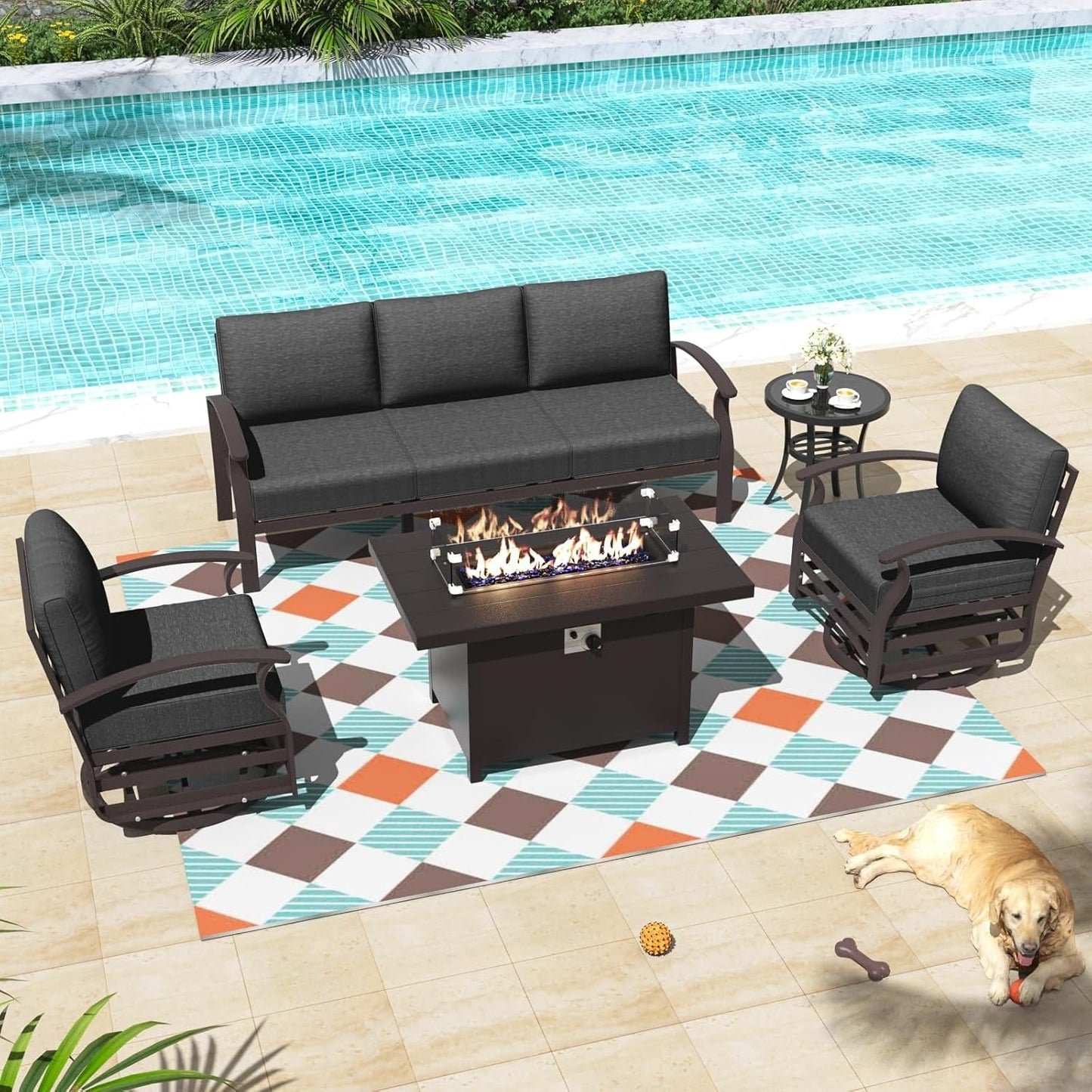 Ensemble de meubles de jardin en aluminium avec foyer, poufs, chaises pivotantes et canapé sectionnel avec coussins épais pour véranda et jardin
