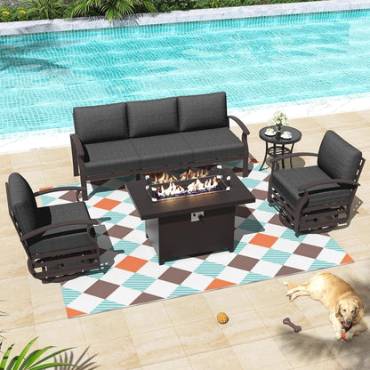Ensemble de meubles de jardin en aluminium avec foyer, poufs, chaises pivotantes et canapé sectionnel avec coussins épais pour véranda et jardin