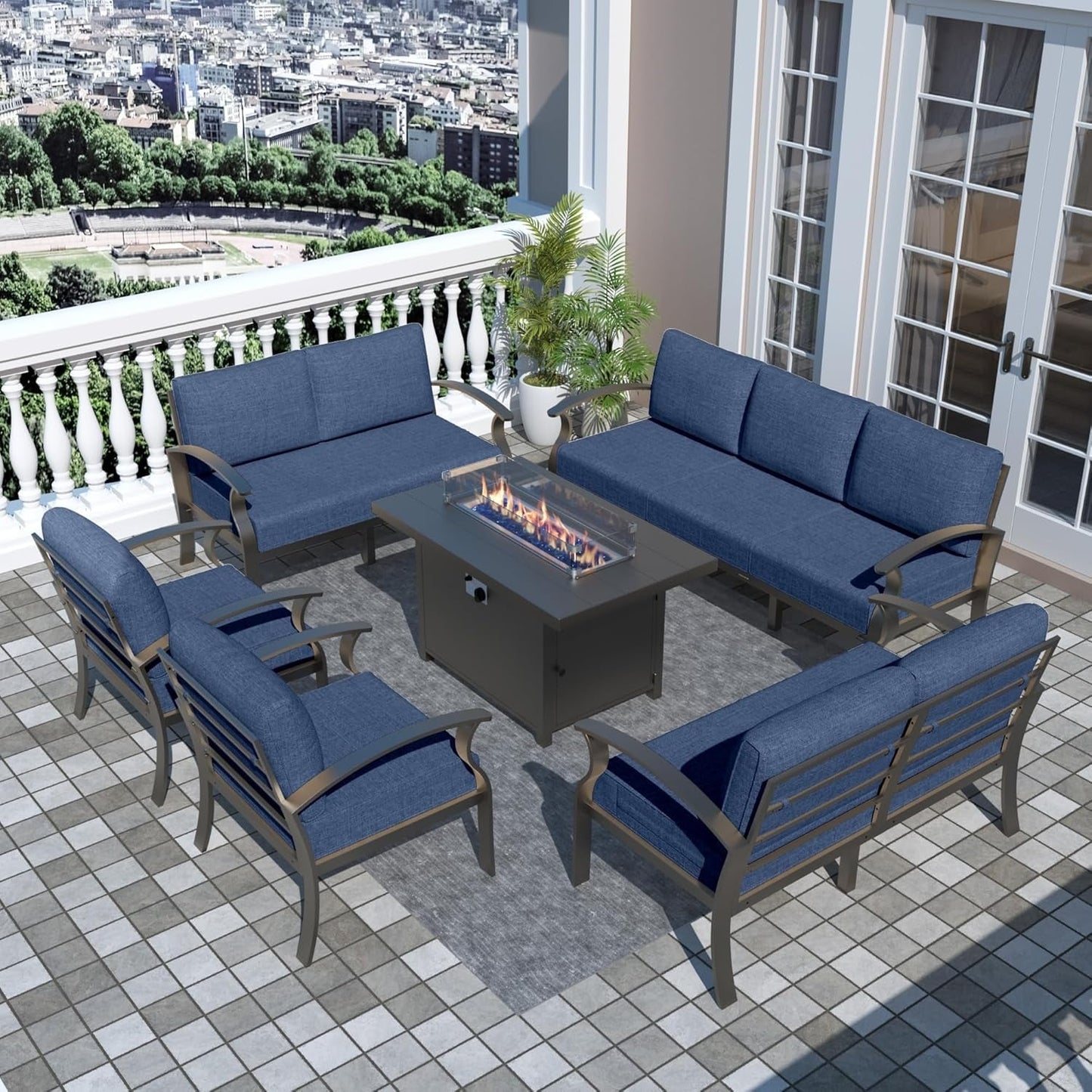 Ensemble de meubles de jardin en aluminium avec foyer, poufs, chaises pivotantes et canapé sectionnel avec coussins épais pour véranda et jardin