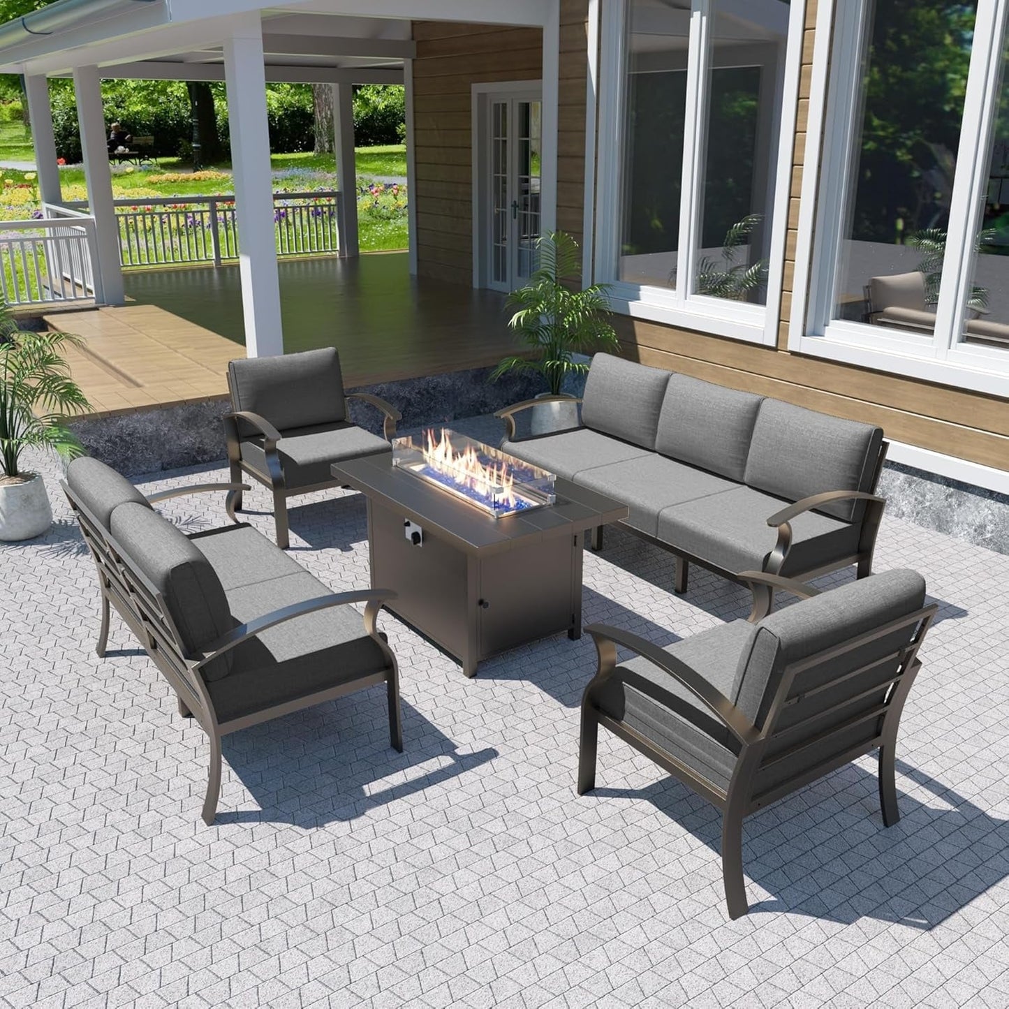 Ensemble de meubles de jardin en aluminium avec foyer, poufs, chaises pivotantes et canapé sectionnel avec coussins épais pour véranda et jardin