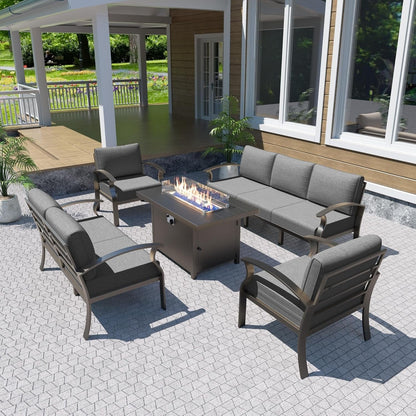 Ensemble de meubles de jardin en aluminium avec foyer, poufs, chaises pivotantes et canapé sectionnel avec coussins épais pour véranda et jardin