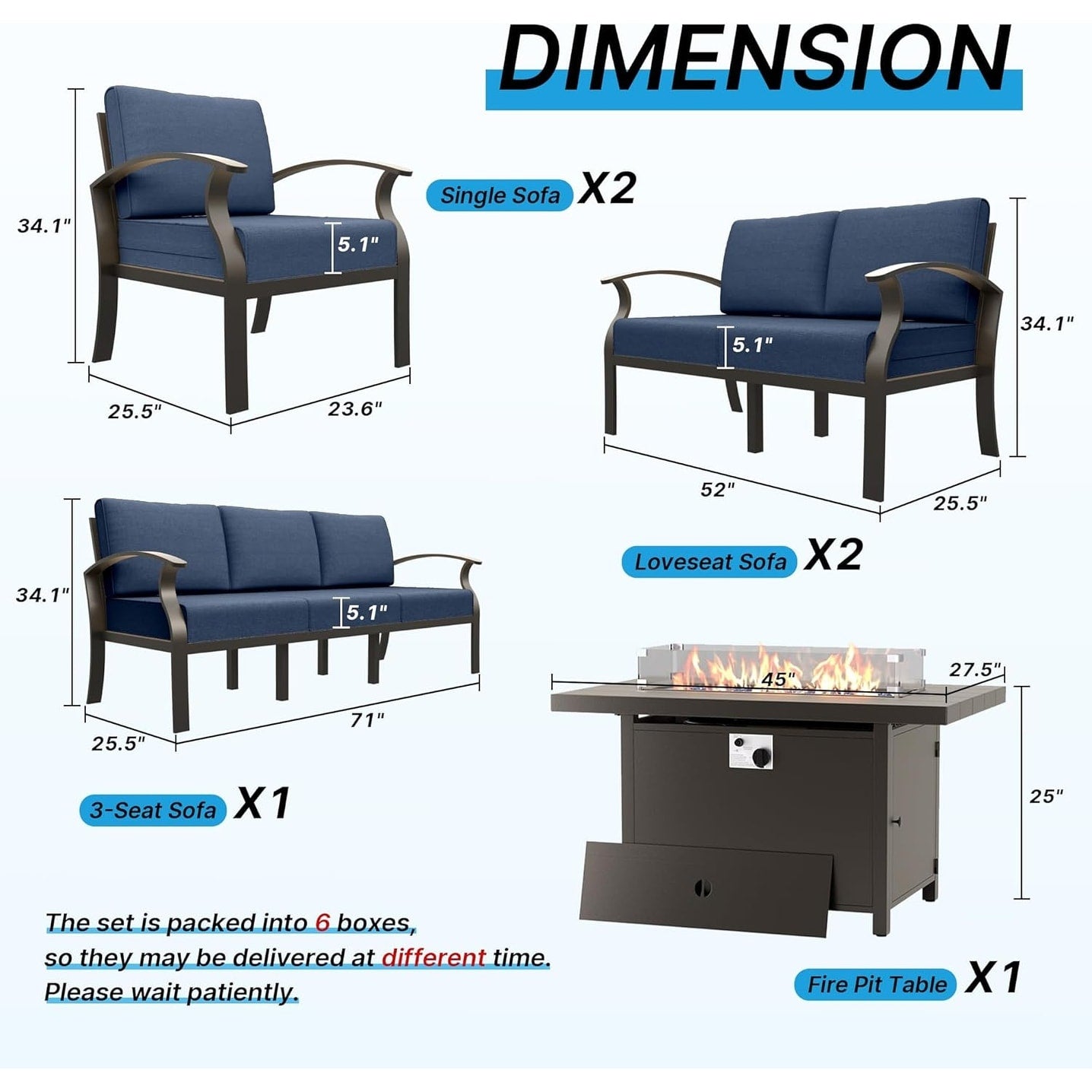 Ensemble de meubles de jardin en aluminium avec foyer, poufs, chaises pivotantes et canapé sectionnel avec coussins épais pour véranda et jardin
