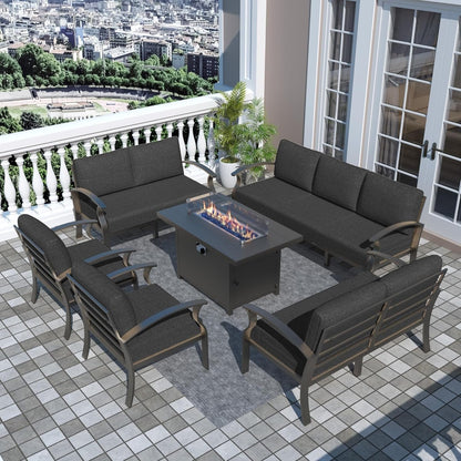 Ensemble de meubles de jardin en aluminium avec foyer, poufs, chaises pivotantes et canapé sectionnel avec coussins épais pour véranda et jardin