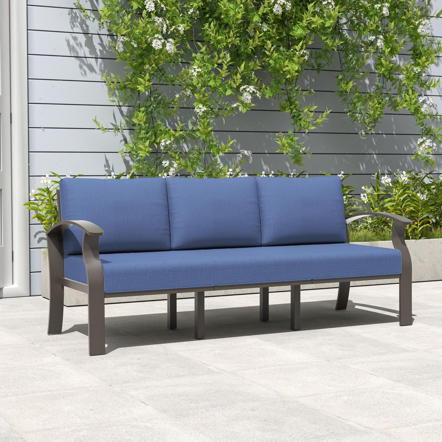Ensemble de meubles de jardin en aluminium avec foyer, poufs, chaises pivotantes et canapé sectionnel avec coussins épais pour véranda et jardin