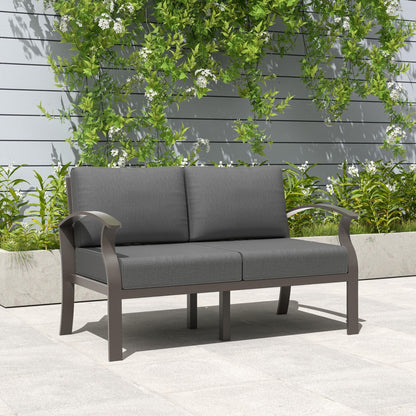 Ensemble de meubles de jardin en aluminium avec foyer, poufs, chaises pivotantes et canapé sectionnel avec coussins épais pour véranda et jardin