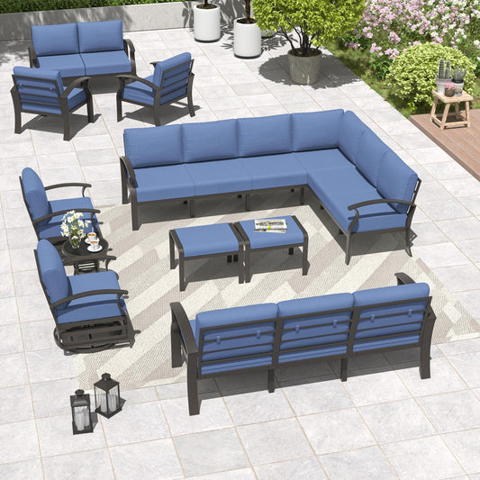 Ensemble de meubles de jardin en aluminium avec foyer, poufs, chaises pivotantes et canapé sectionnel avec coussins épais pour véranda et jardin