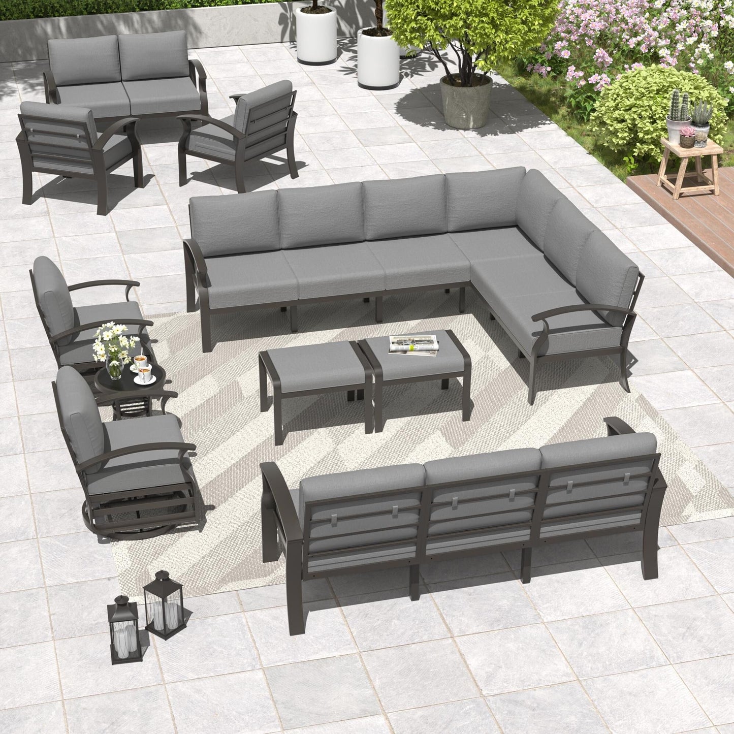 Ensemble de meubles de jardin en aluminium avec foyer, poufs, chaises pivotantes et canapé sectionnel avec coussins épais pour véranda et jardin