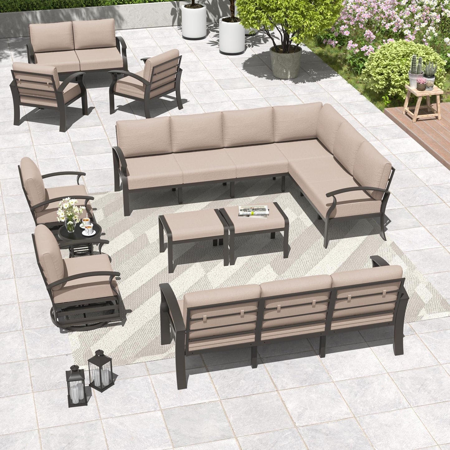 Ensemble de meubles de jardin en aluminium avec foyer, poufs, chaises pivotantes et canapé sectionnel avec coussins épais pour véranda et jardin