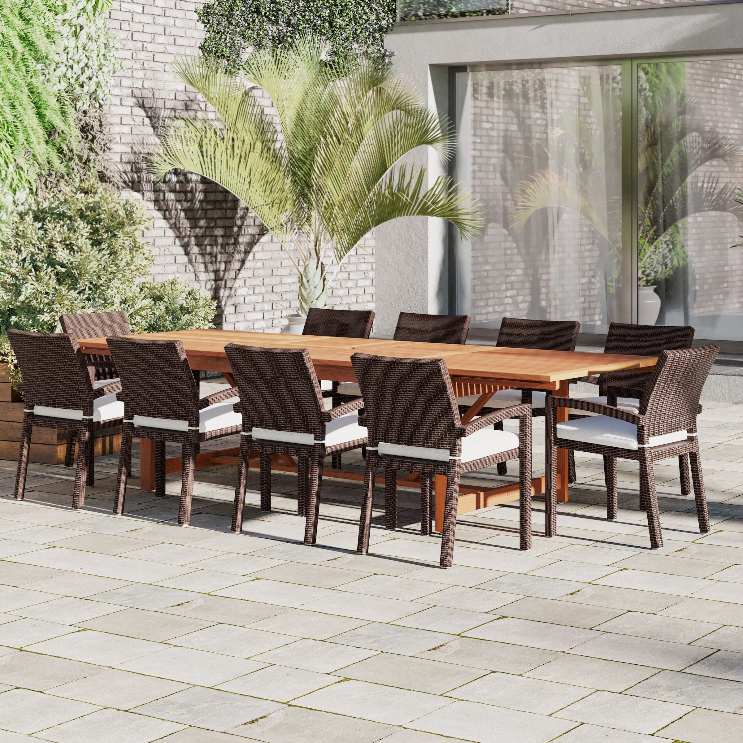 Ensemble de salle à manger extensible pour patio en bois FSC Amazonia Audrey, 11 pièces – 170 L x 100 l x 35 H