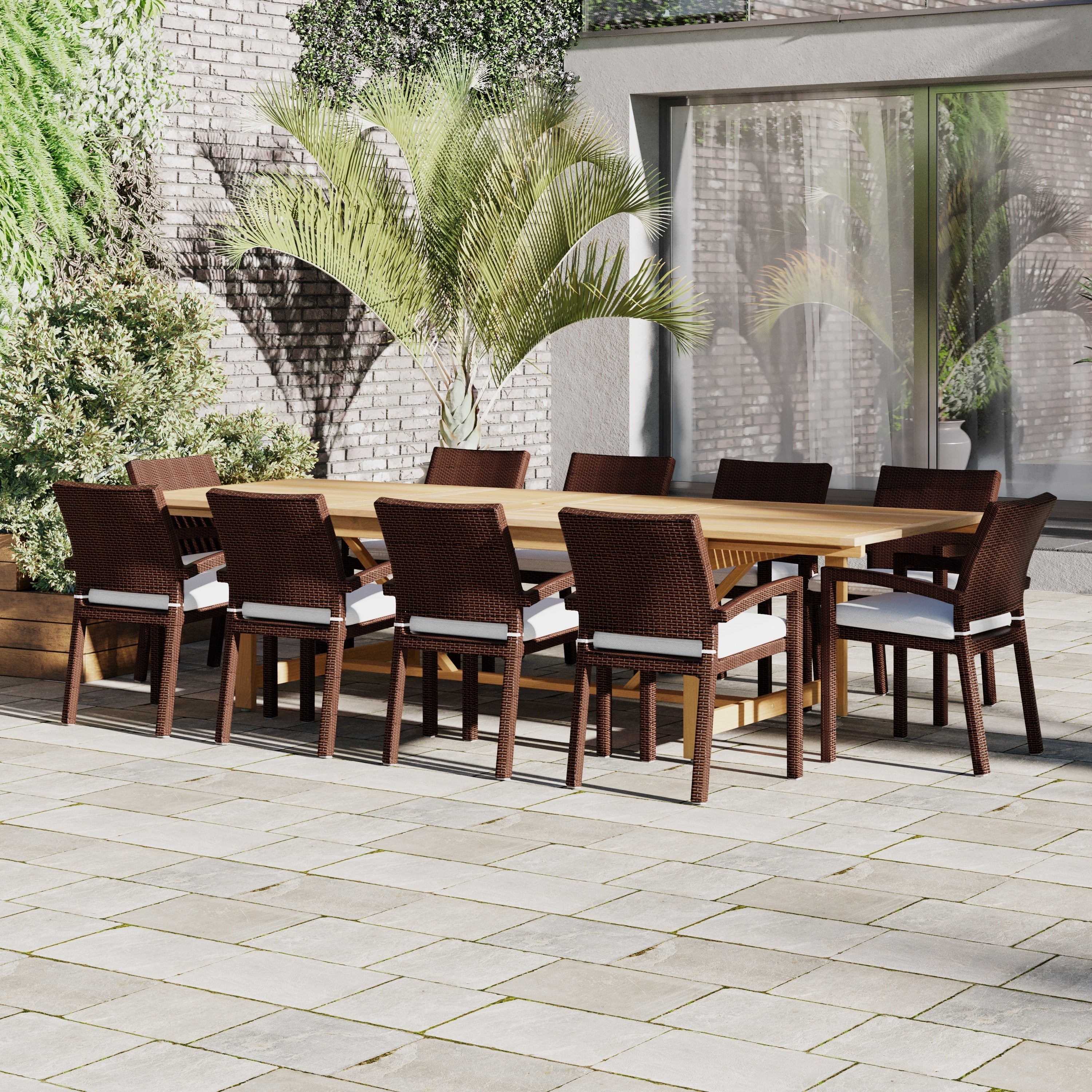 Ensemble de salle à manger extensible pour patio en bois FSC Amazonia Audrey, 11 pièces – 170 L x 100 l x 35 H