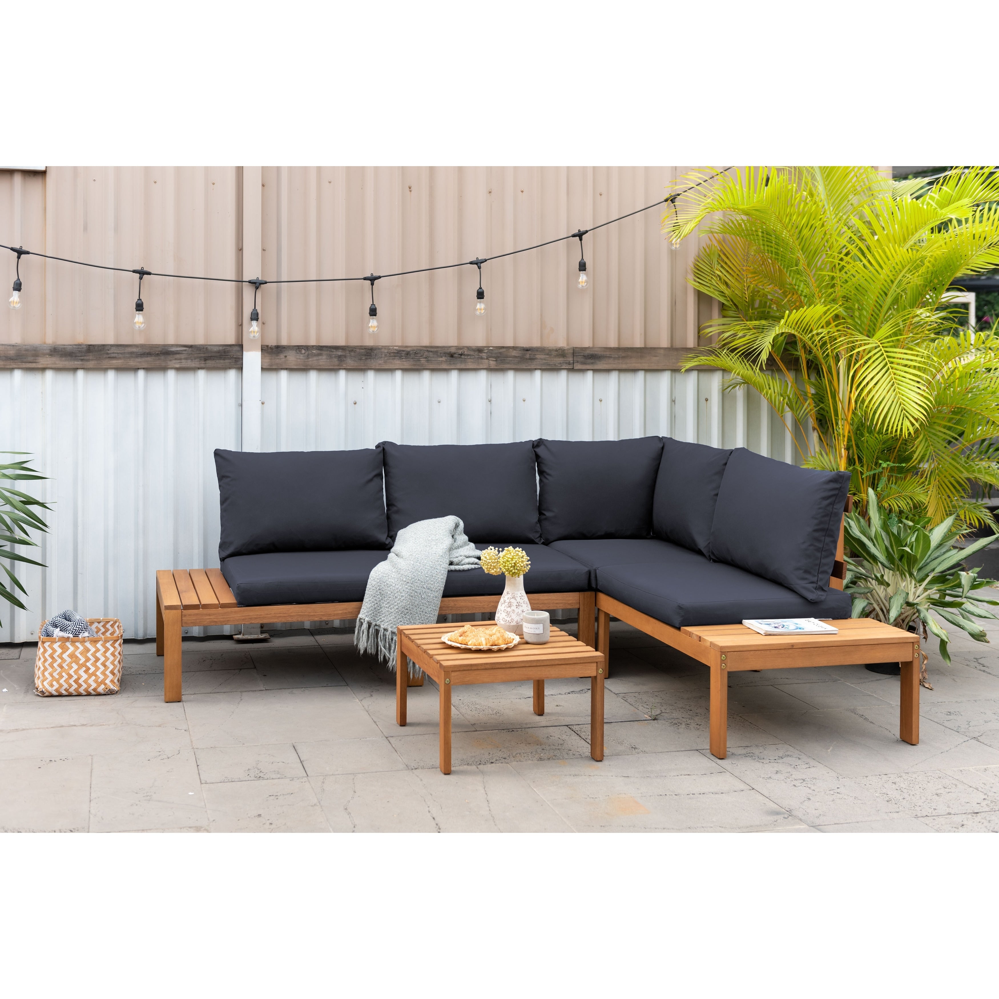 Ensemble de salon de jardin George en corde et bois, finition teck Amazonia